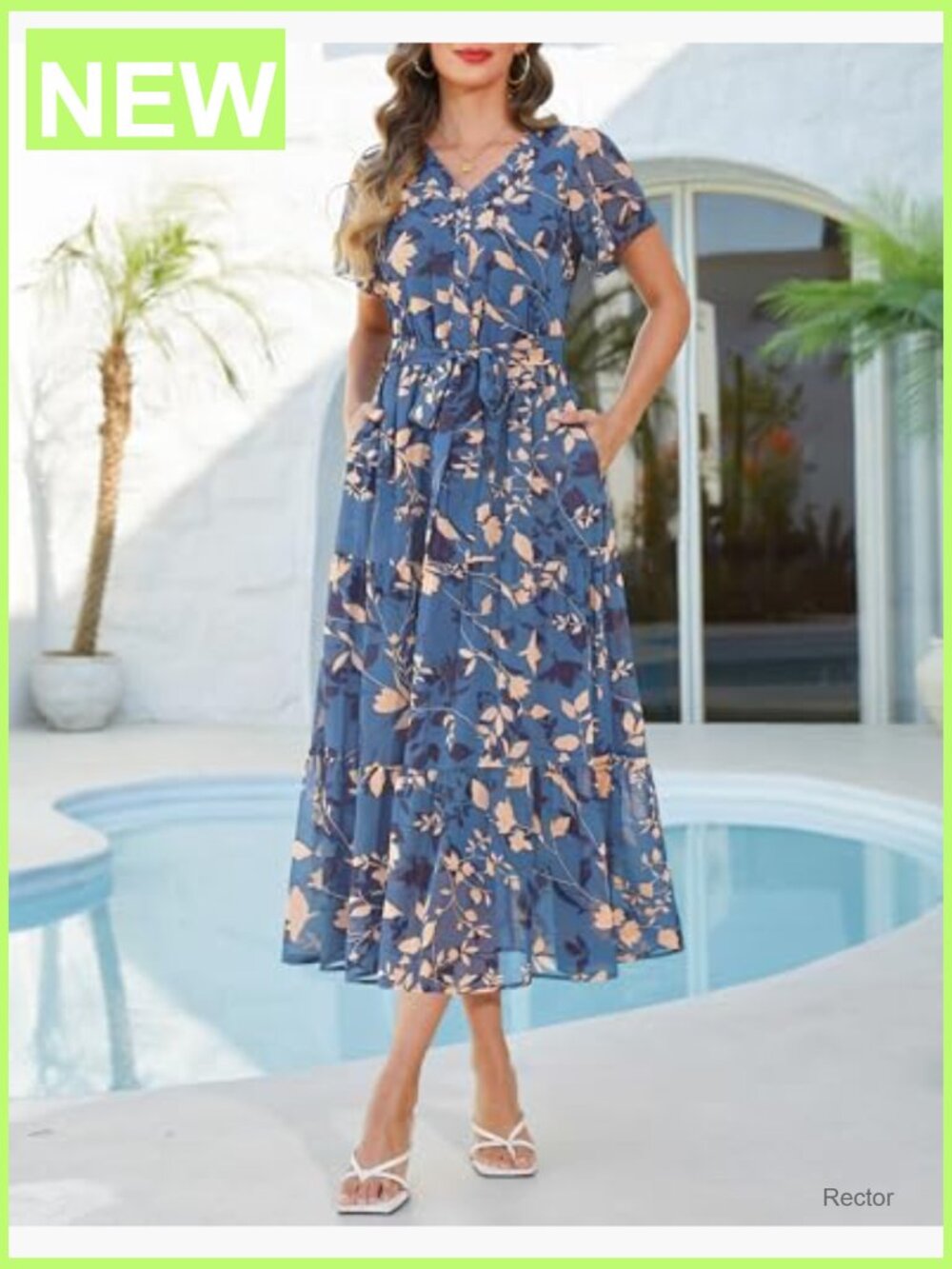 Women's Floral Maxi Dress with Pockets - Short Sleeve V-Neck A-Line Wedding - Picture 2 of 7